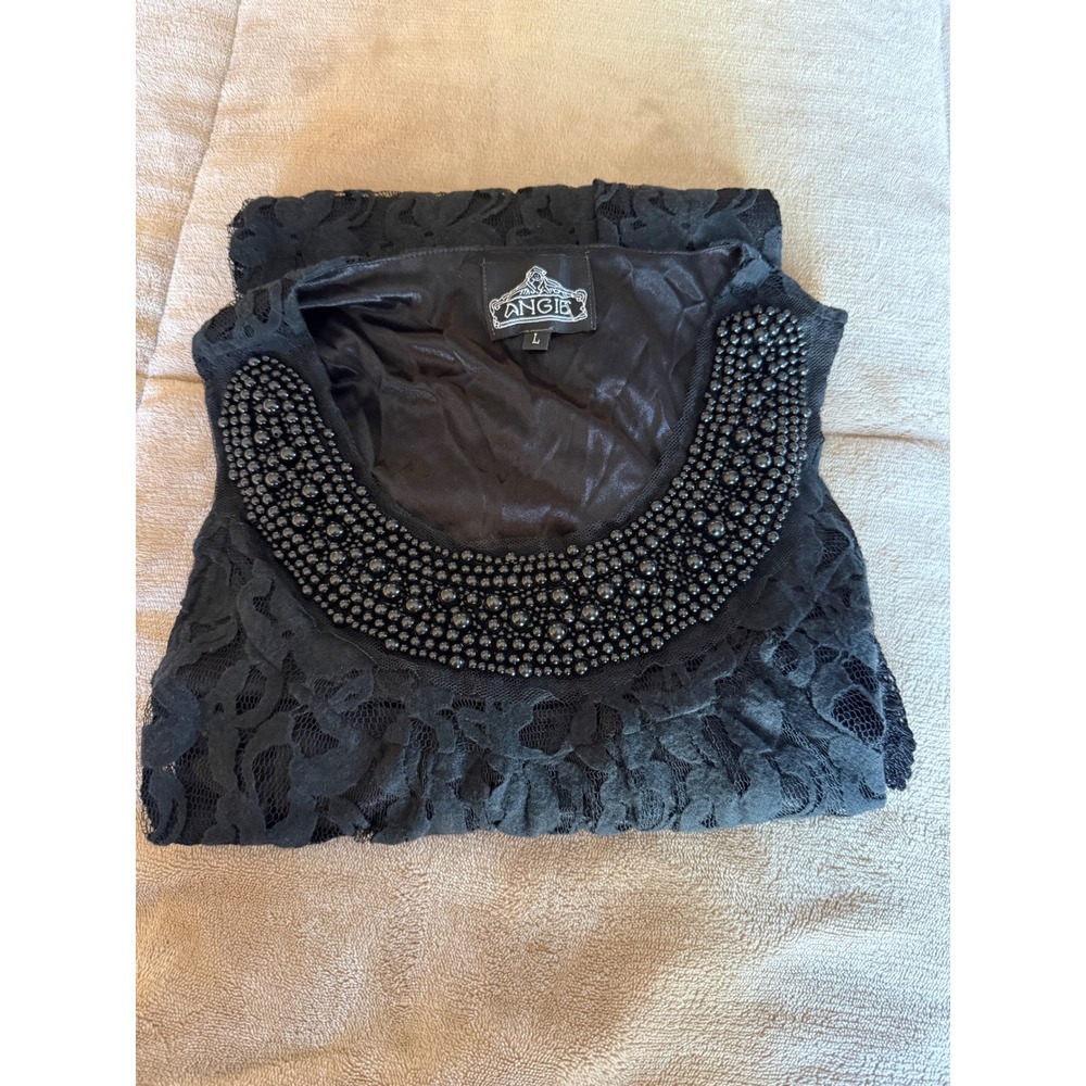 Angie Womens Black Lace Beaded Neckline Sleeveless Shift Dress Large